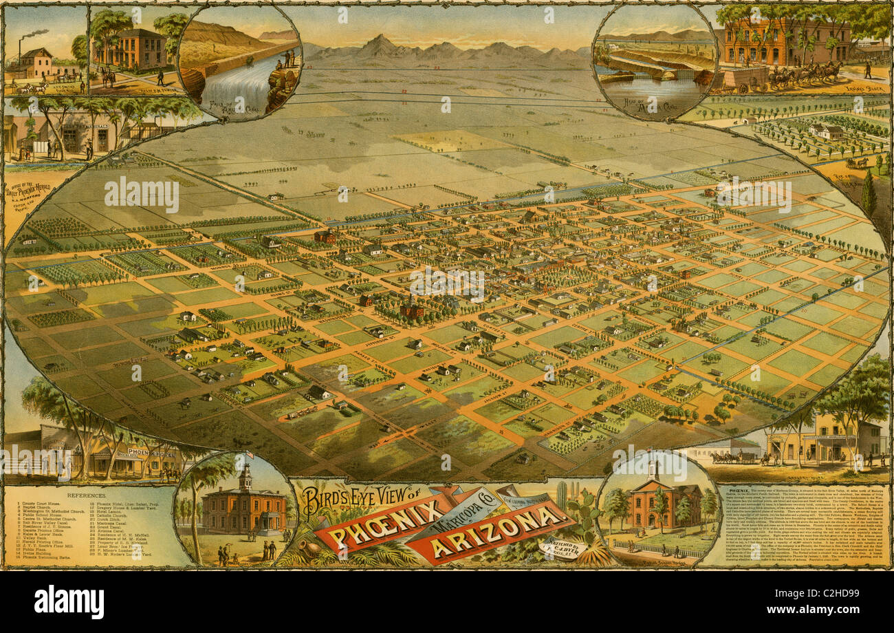 Birds eye view map de Phoenix, Arizona 1885 Banque D'Images