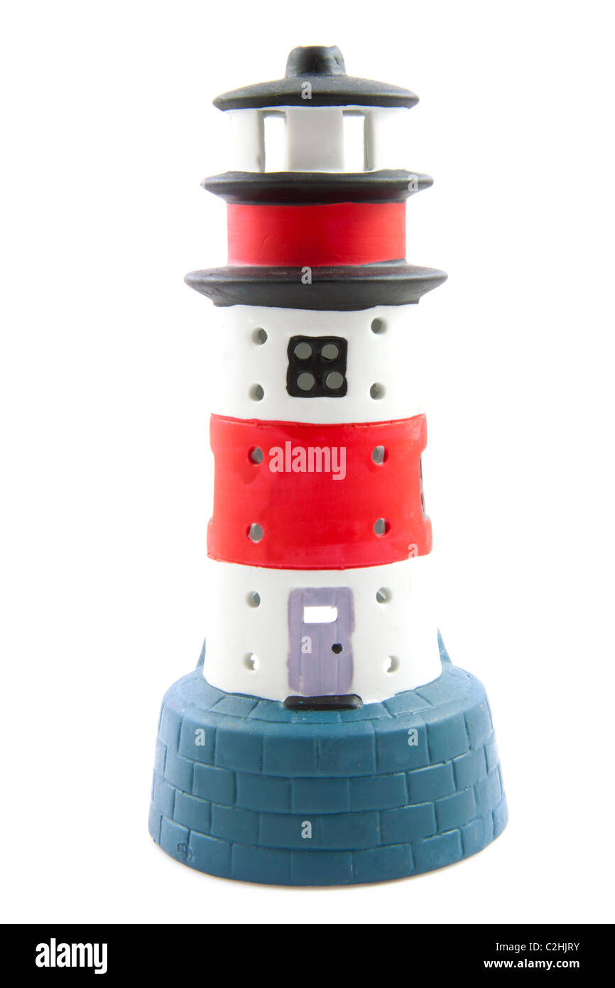 Phare peint isolé sur fond blanc Banque D'Images