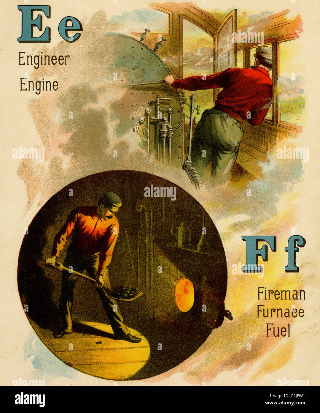 Railroad ABC - E est bof Engineer & moteur, F est de pompier et de carburant Banque D'Images