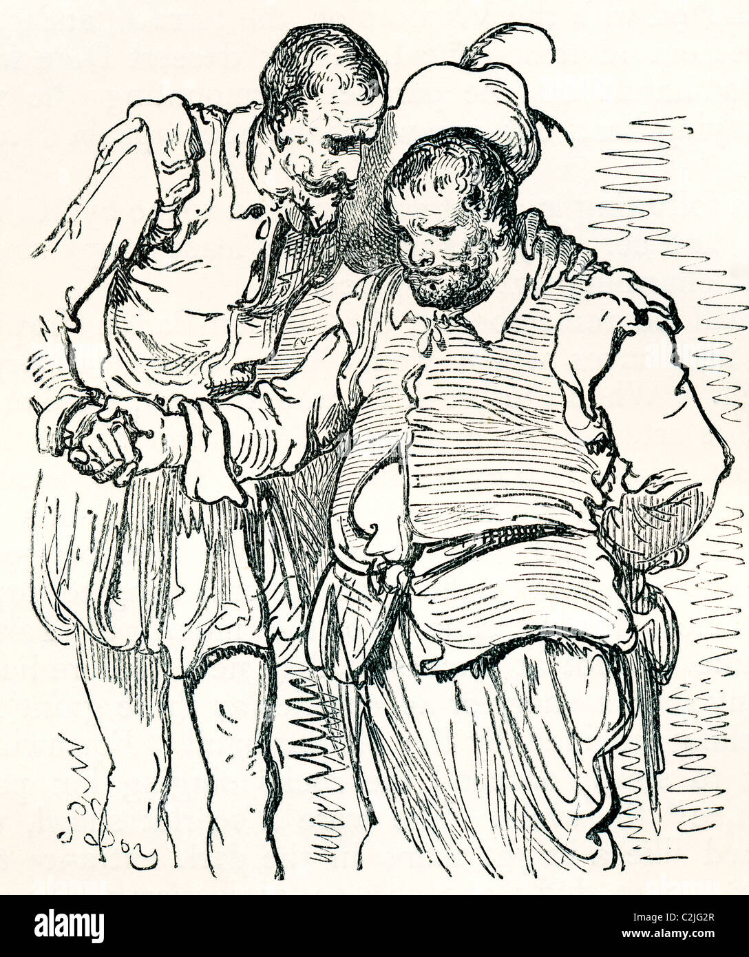 Après un dessin original de Gustave Dore de Don Quichotte et Sancho Panza. Banque D'Images