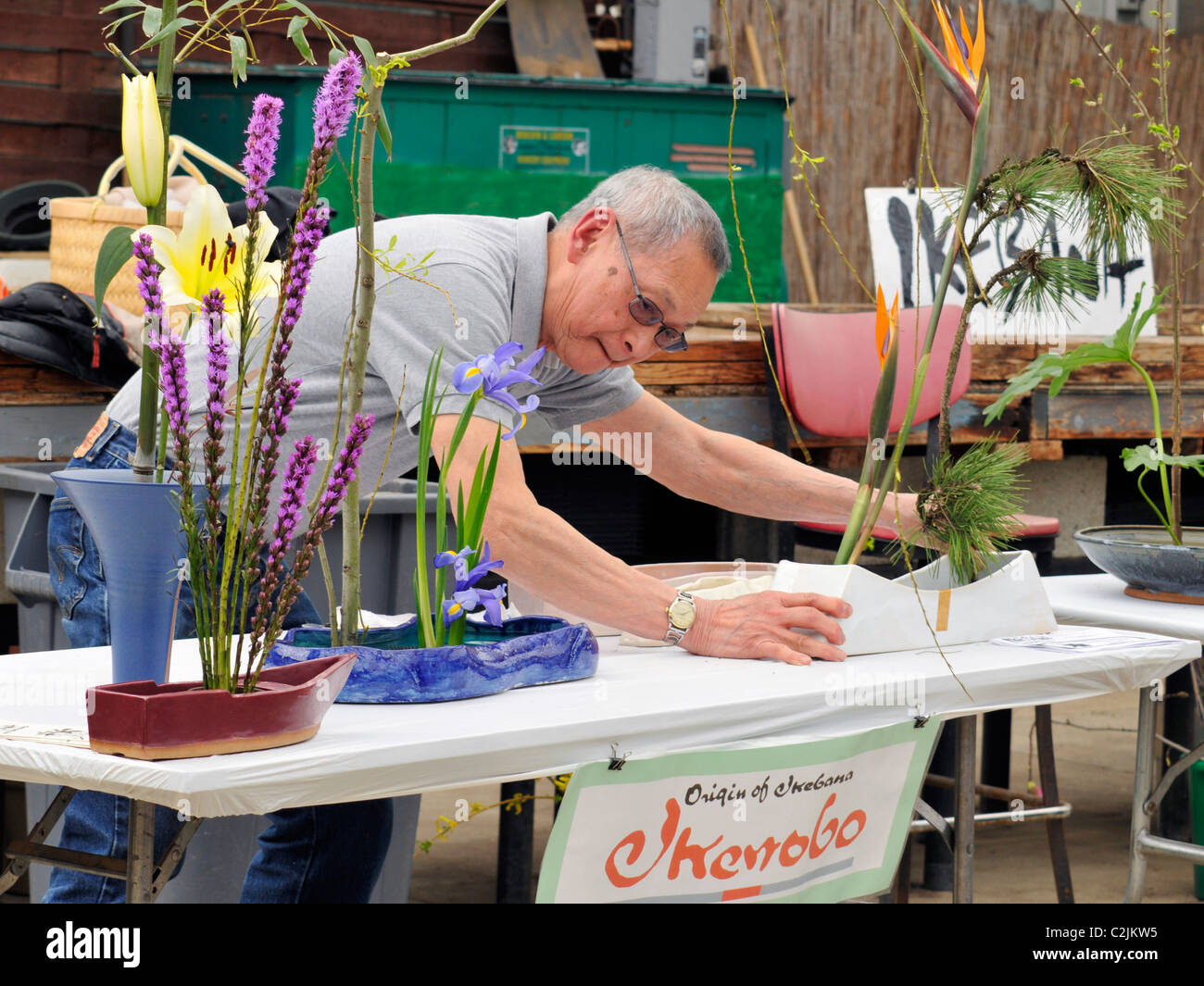 L'Ikebana japonais designer faire chef-d sur présentation show, Sakura Dimanche Fête du printemps, Fairmount Park, à Philadelphie Banque D'Images