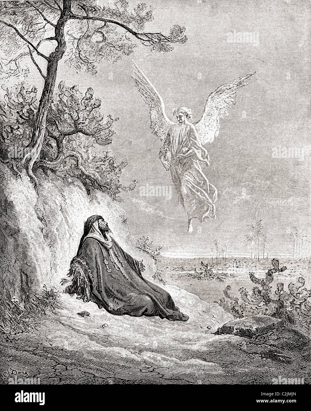 Elie nourri par un ange. Après une illustration de la Bible par Gustave Dore. Banque D'Images