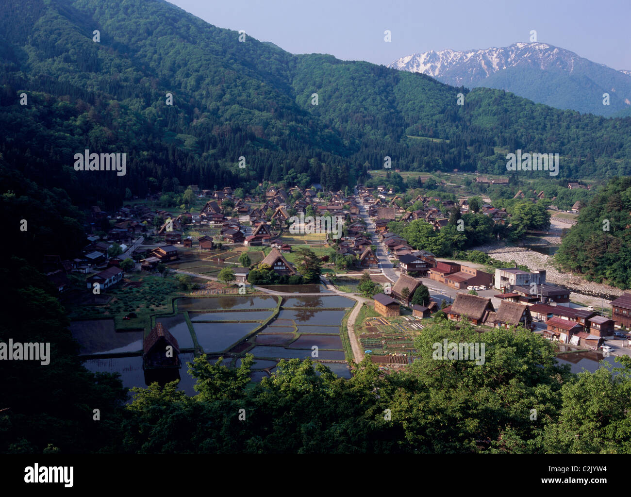 Village et du riz paddy à Shirakawa-go, Shirakawa, Ono, Gifu, Japon Banque D'Images