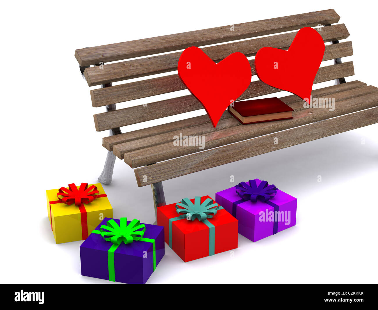 Les boîtes et les cœurs présents sur le banc. 3D Banque D'Images