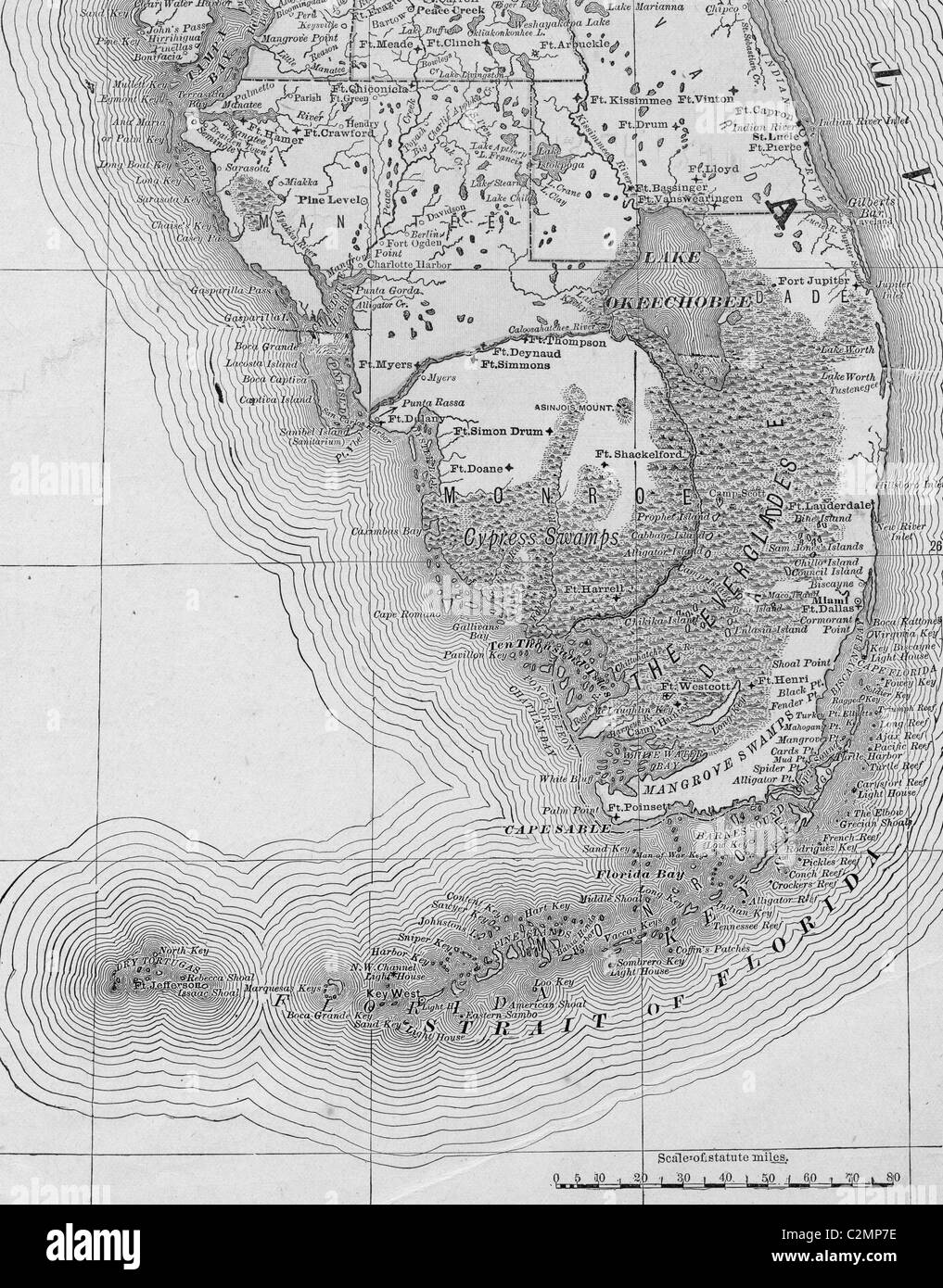 Ancienne carte d'origine des Everglades de Floride du manuel de géographie 1884 Banque D'Images