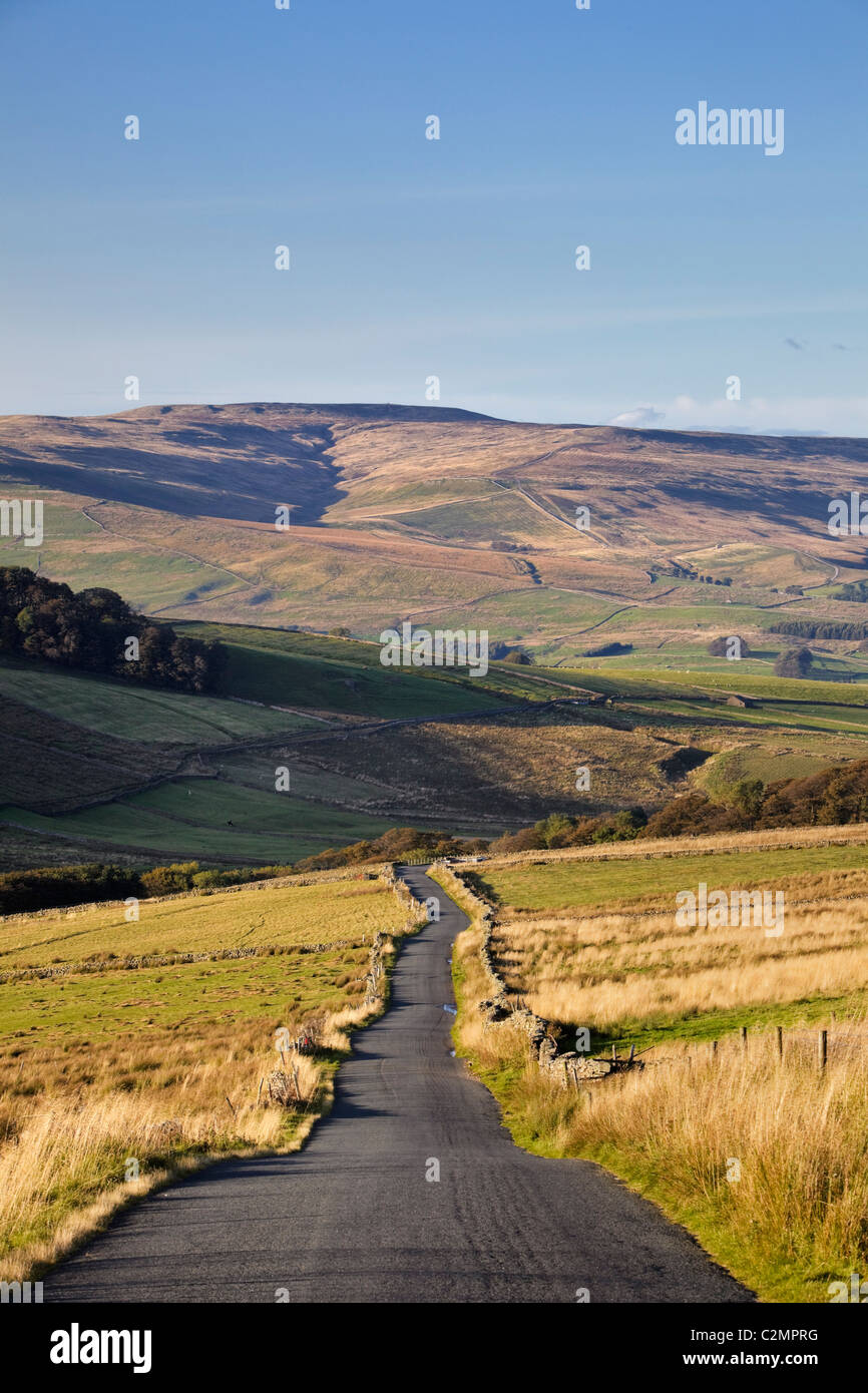 Vide longue route rurale à travers un paysage d'automne vers la lande Hills dans le Yorkshire, England, UK Banque D'Images