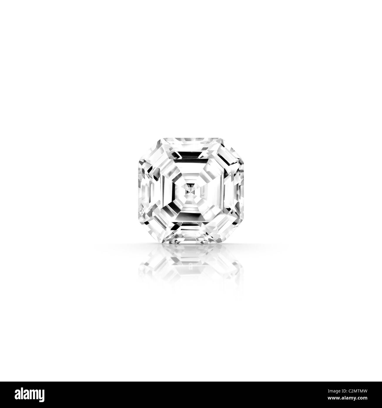 Asscher cut diamond gris isolé sur fond blanc avec réflexion partielle et clipping path Banque D'Images