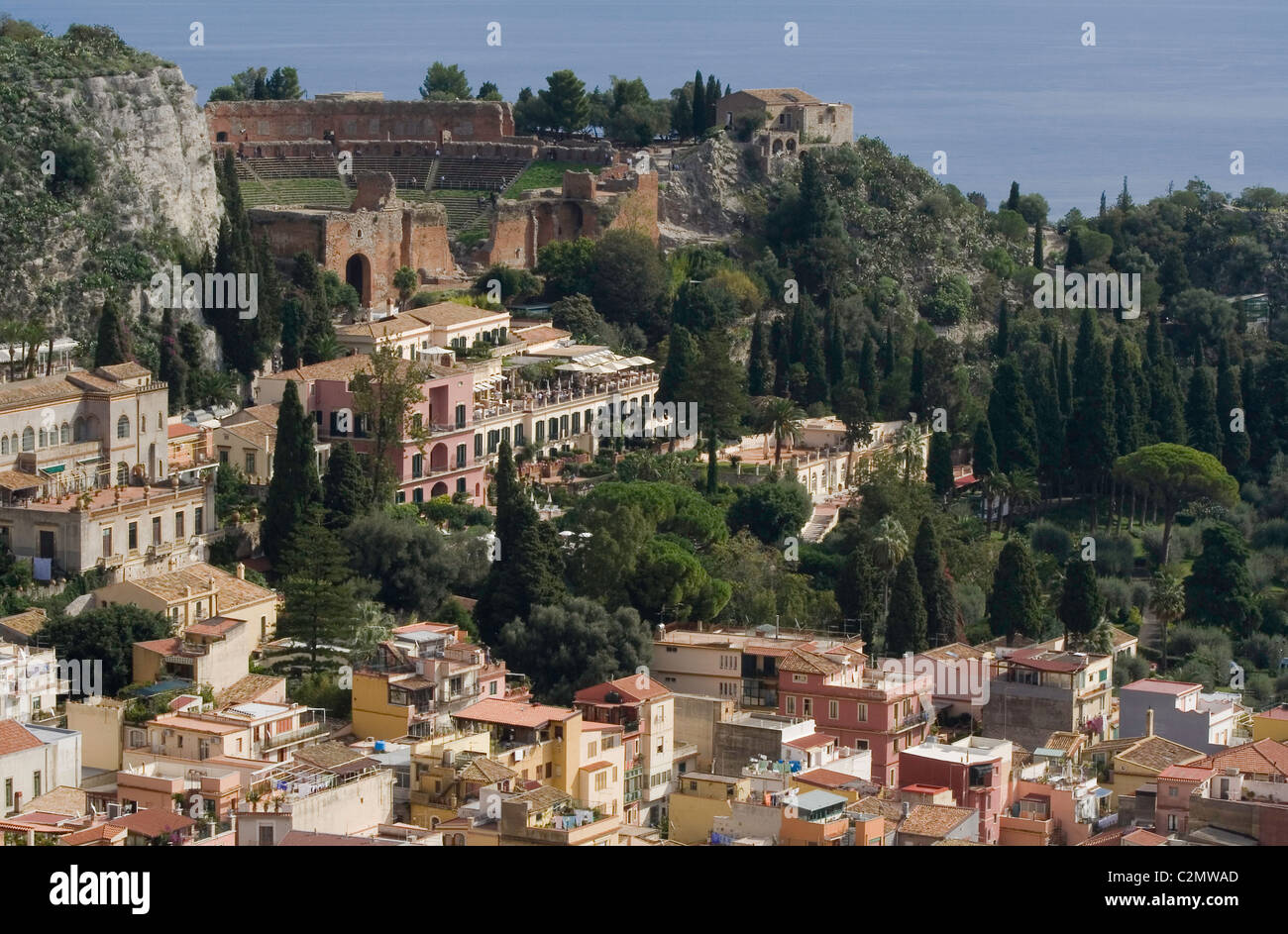 Théâtre grec et Taormina Banque D'Images