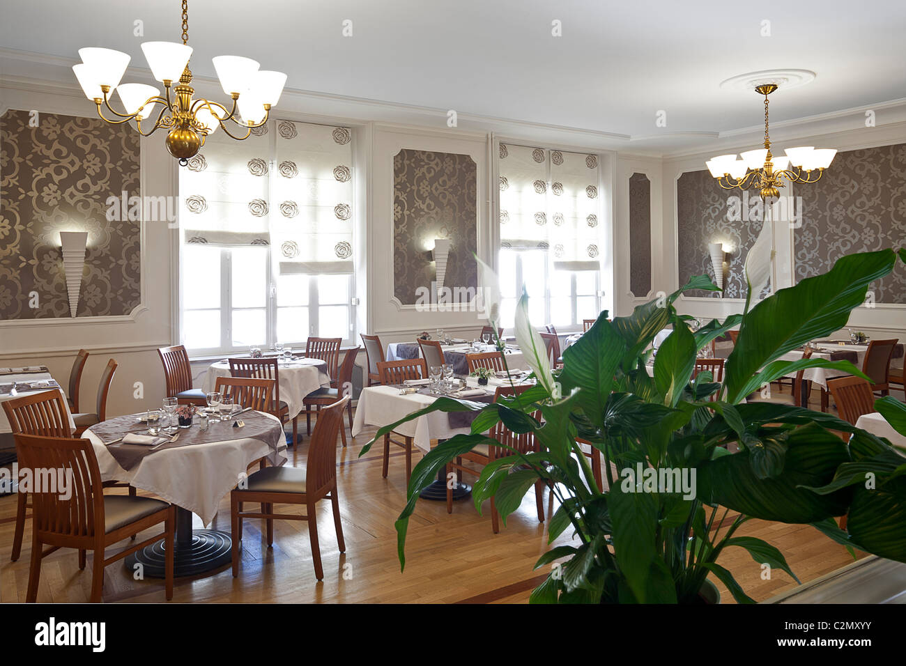 Un pot de la paix Lily dans une salle de restaurant (France). Spathiphyllum Potée de cochlearispathum dans une salle de restaurant. Banque D'Images