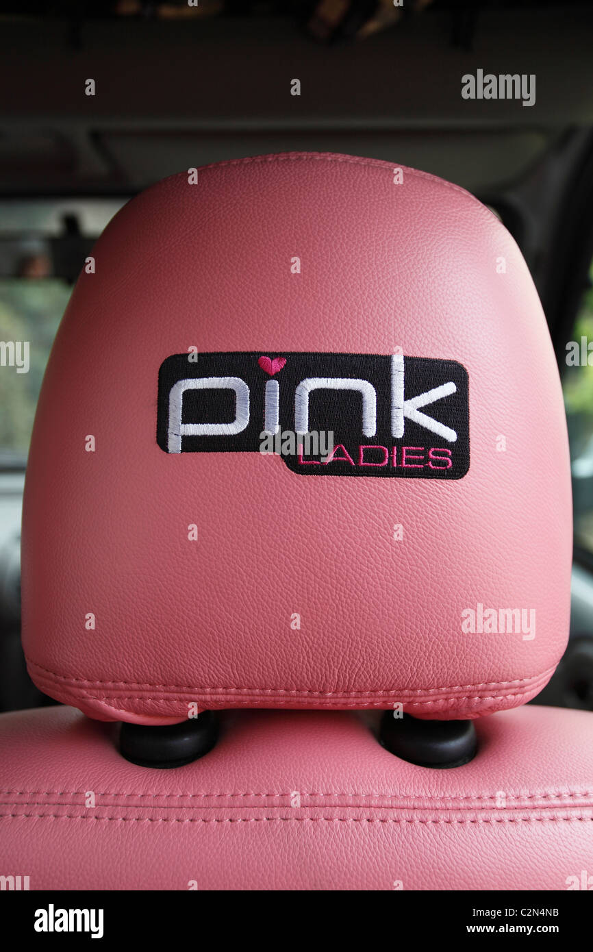 L'intérieur d'un appui-tête montrant 'Pink Ladies' taxi, taxi privé, cabinet de la cabine pour femmes seulement. Banque D'Images