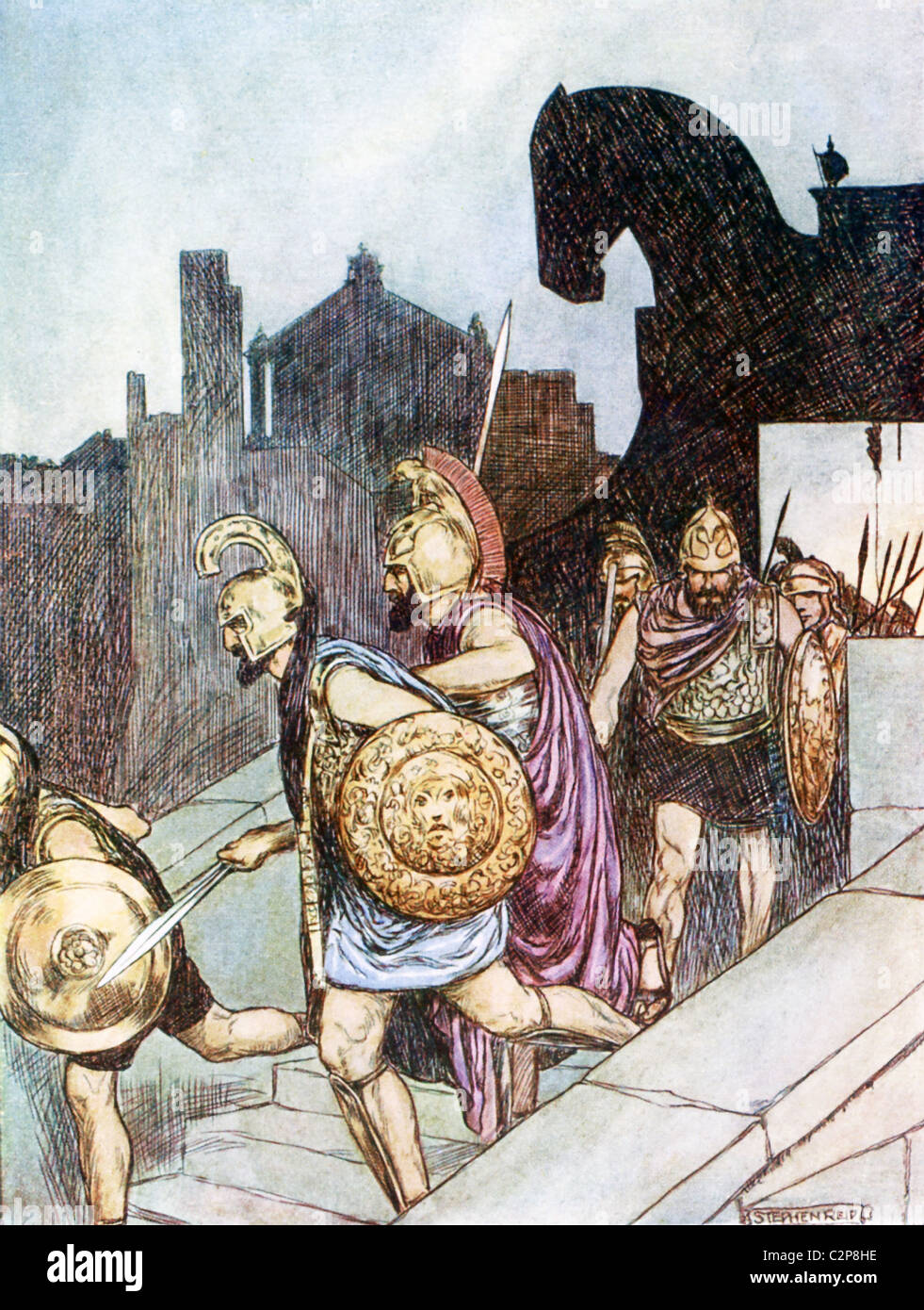 Soldats grecs quitter le grand cheval de Troie que l'accepté des Grecs et se préparer à détruire Troie. Banque D'Images