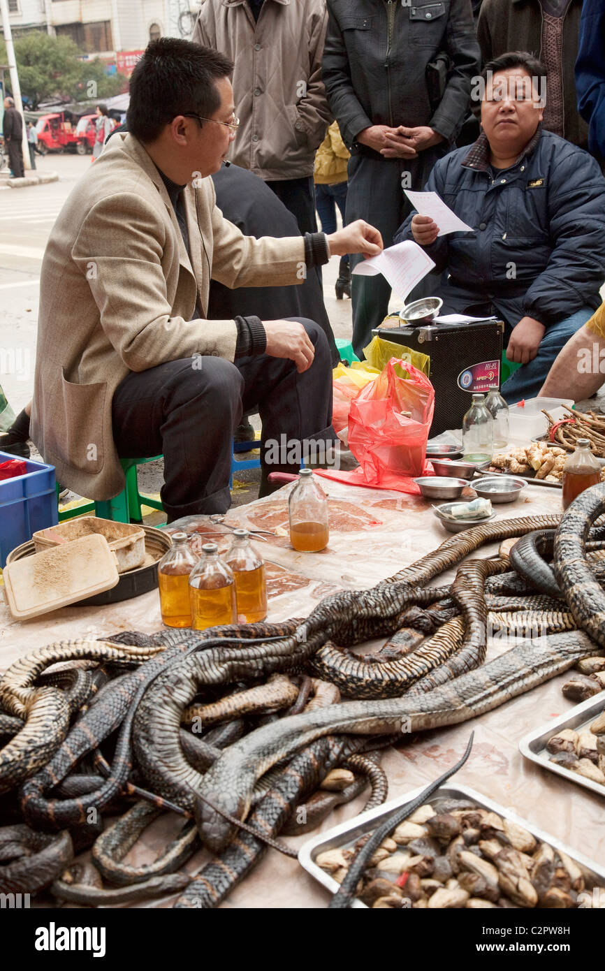 Un vendeur de rue, la vente de médicaments pour le serpent la population locale de Guilin Chine Banque D'Images