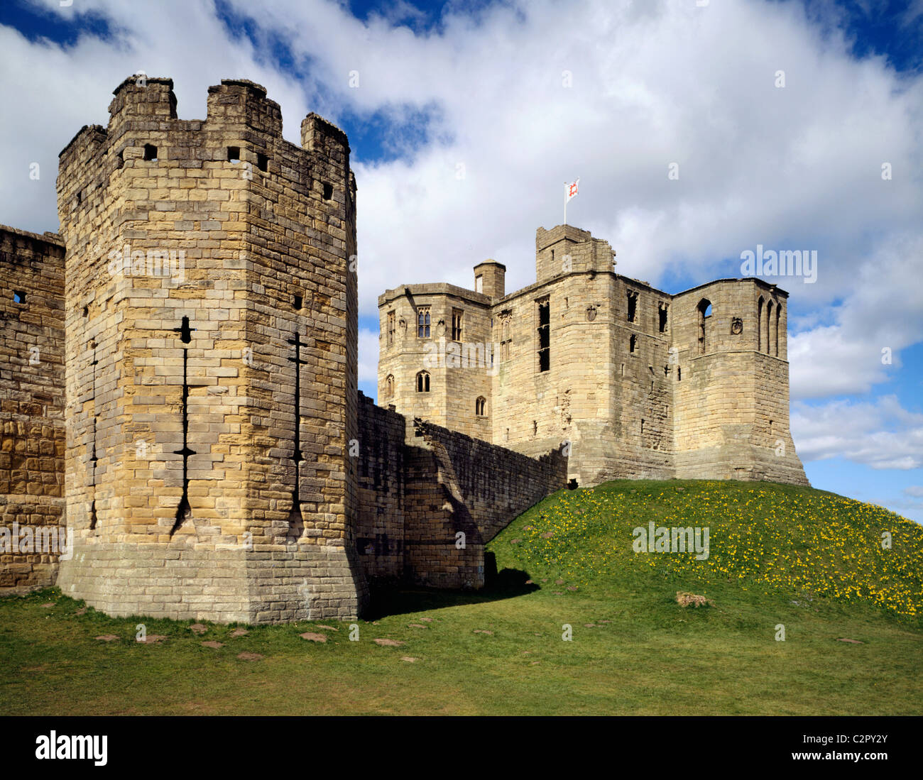 Château de Warkworth. Vue de la queue de la jument grise Tower. Banque D'Images