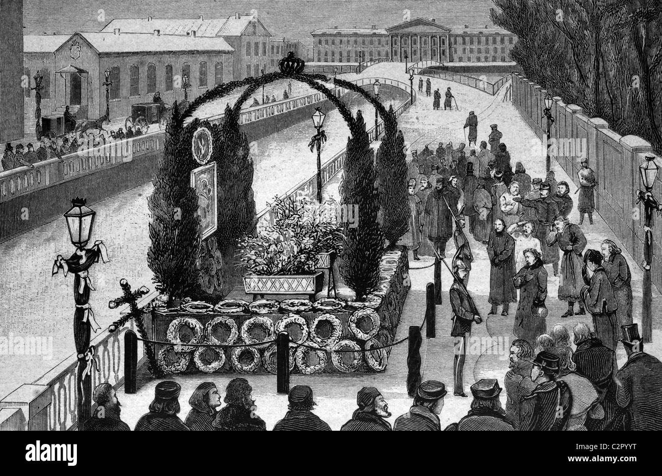 Décoré de l'emplacement de l'assassinat de l'empereur Alexandre II de Russie, en 1881, l'illustration historique, vers 1886 Banque D'Images