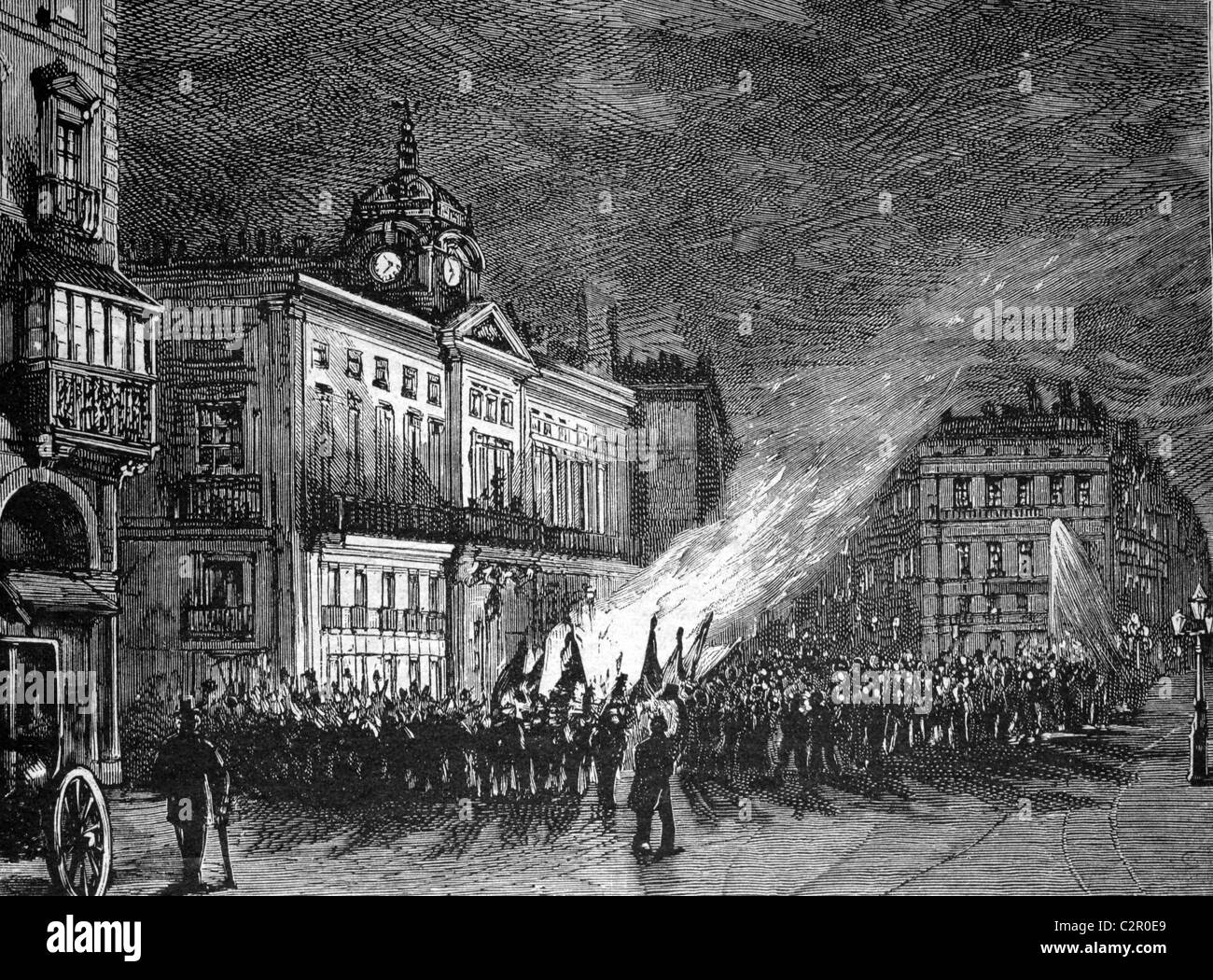 La combustion de la German armoiries sur la Puerta del Sol, Madrid, Espagne, illustration historique, vers 1886 Banque D'Images