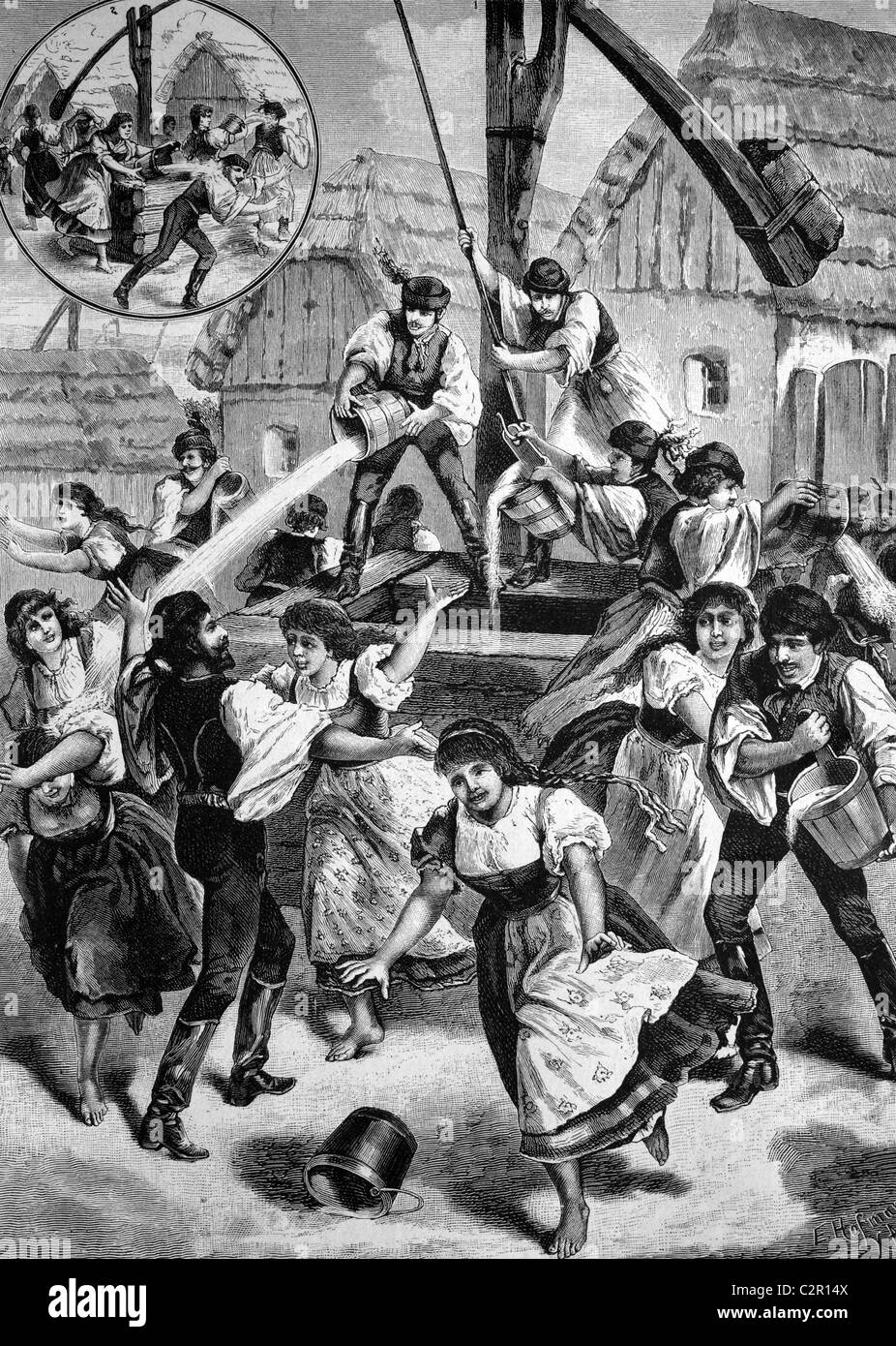 Les gens verser de l'eau par rapport à d'autres, une tradition de Pâques en Hongrie, illustration historique, vers 1886 Banque D'Images