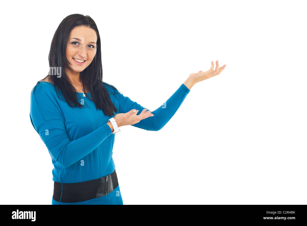 Jeune femme faire un exposé en copie espace isolé sur fond blanc Banque D'Images