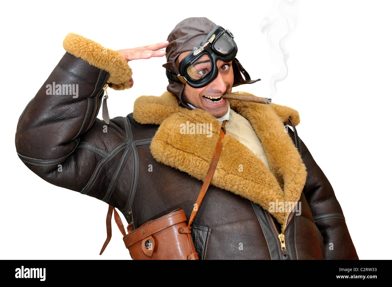 Funny fighter pilot saluting isolés dans White Banque D'Images