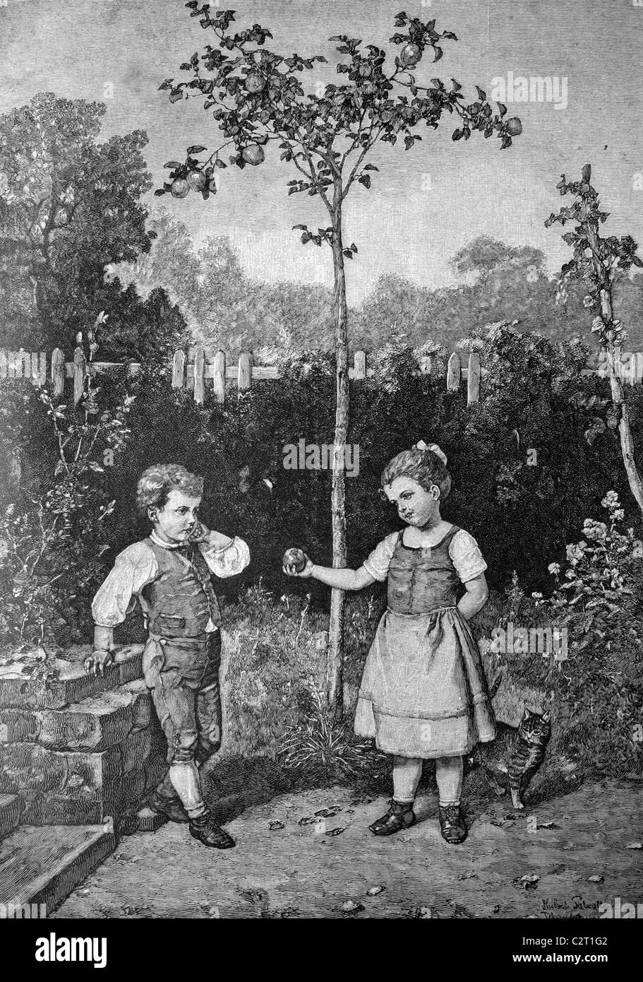 Enfants jouant Adam et Eve, illustration du historique, vers 1886 Banque D'Images