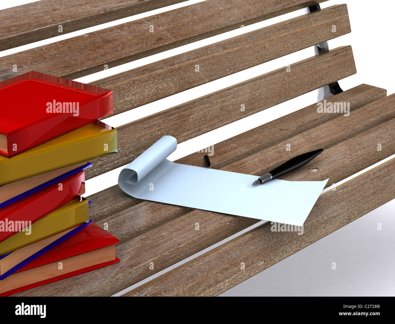 Lettre et livres sur banc. Retro 3D Banque D'Images