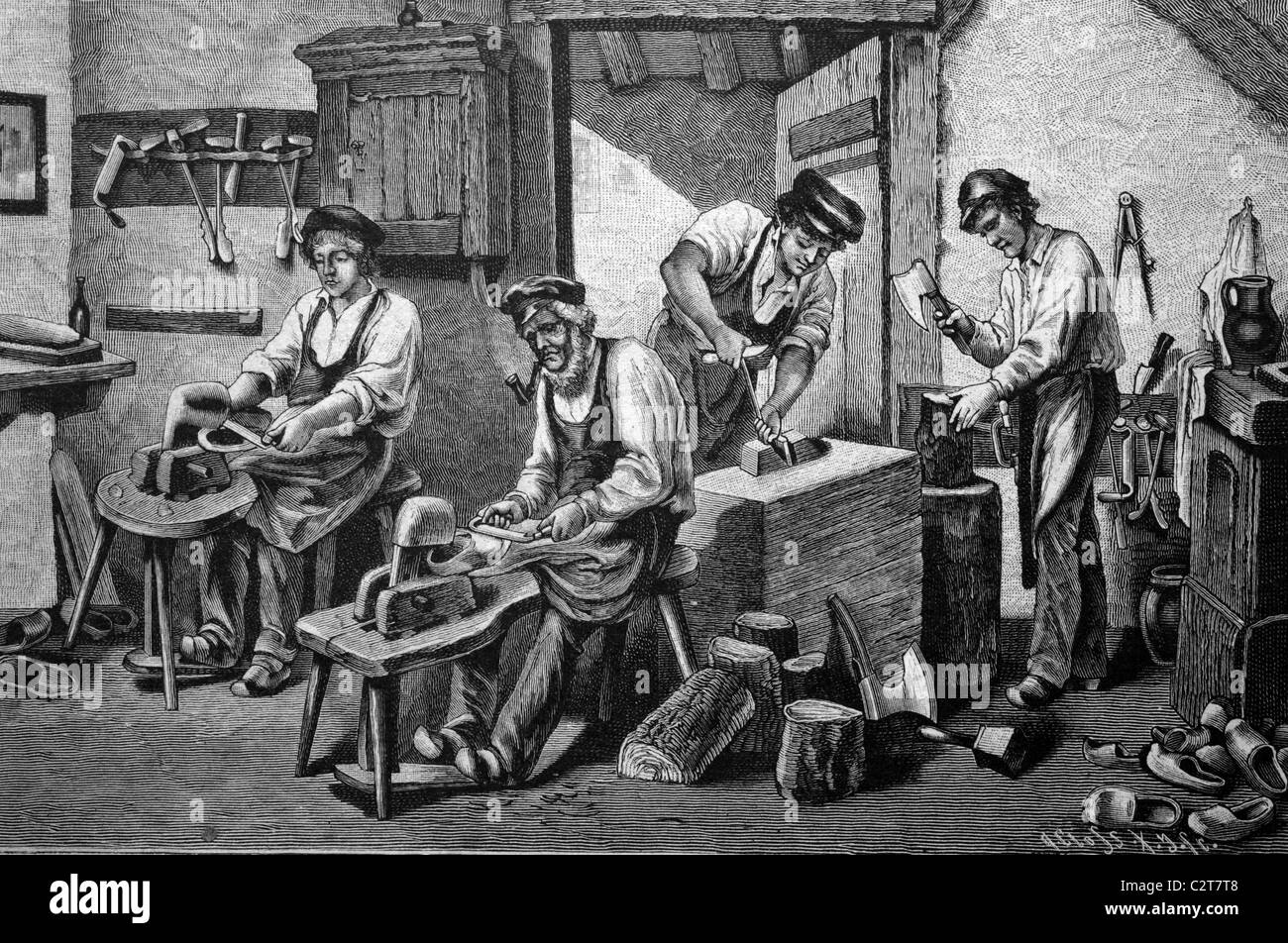 De l'atelier des sculpteurs de sabots de bois, illustration historique, vers 1886 Banque D'Images
