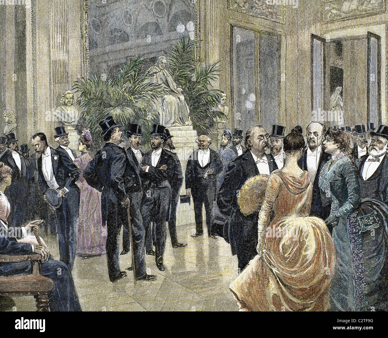 Familles bourgeoises dans le foyer du théâtre Francais. Gravure couleur à partir de 1885. Banque D'Images