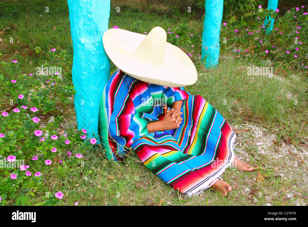 Chapeau sombrero mexicain paresseux poncho homme pan en jardin sujet typique Banque D'Images