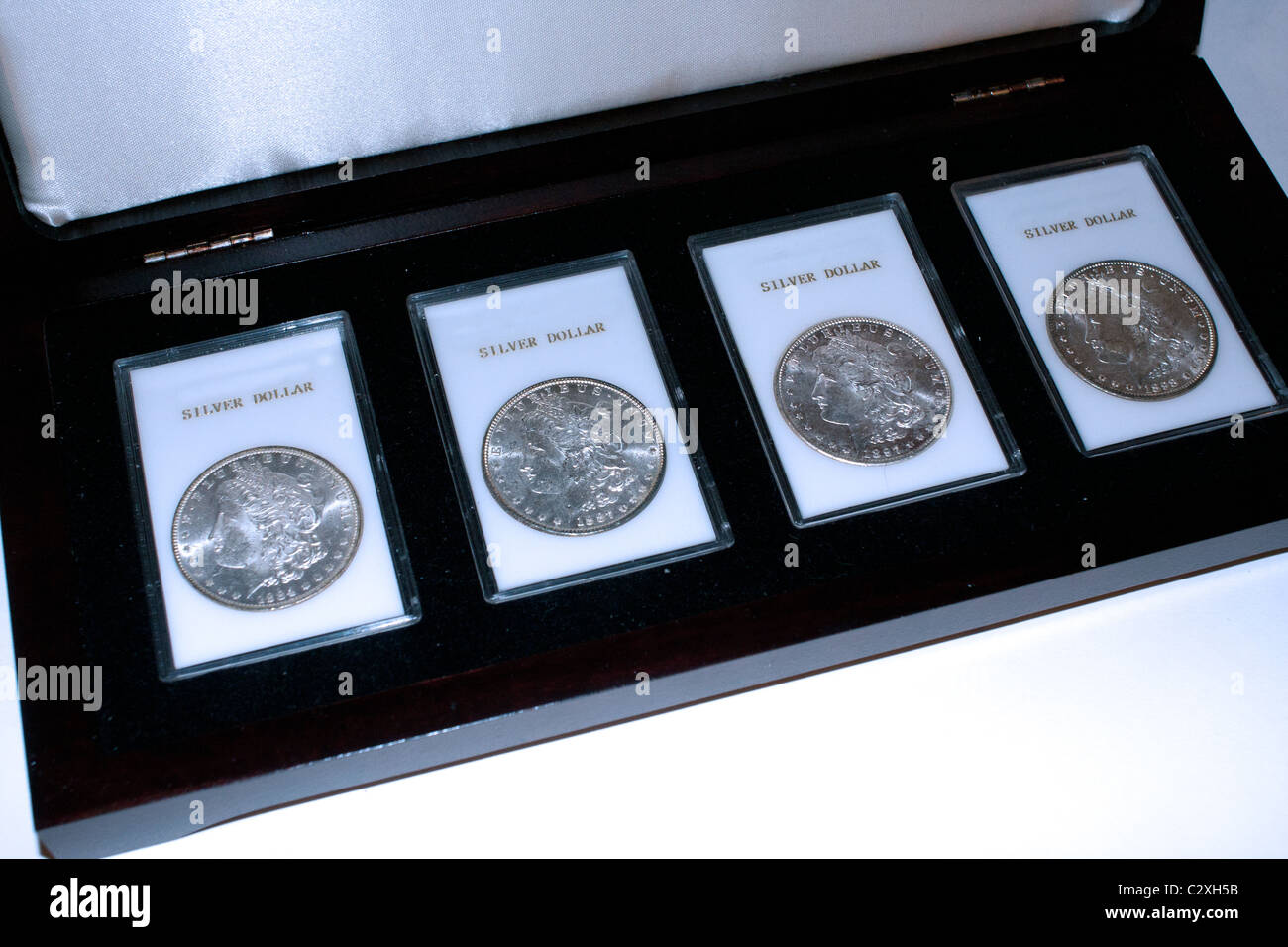 Morgan silver dollar mis en caisse en bois et le support en plastique Banque D'Images