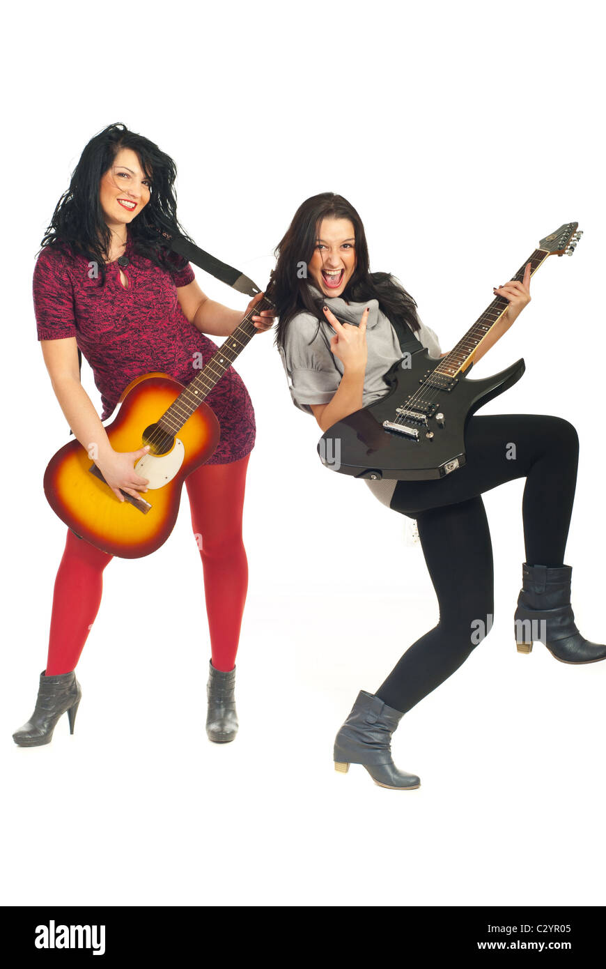 Belles stars du rock band girls avec les guitares isolé sur fond blanc Banque D'Images