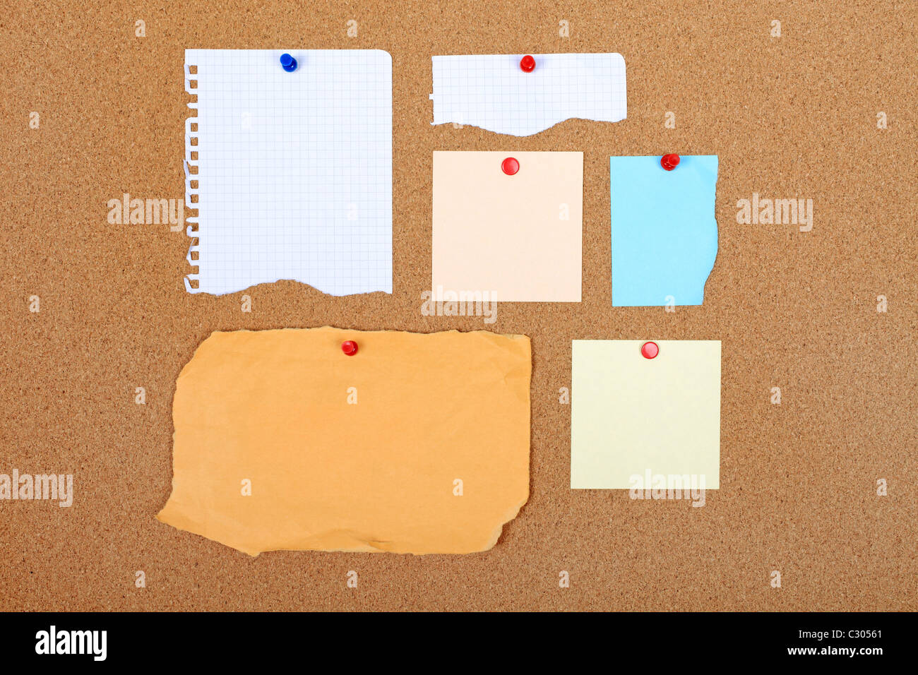 Groupe de papier vide fixé sur panneau de liège. L'espace vide pour le design, parfait pour l'ajout de texte. Banque D'Images