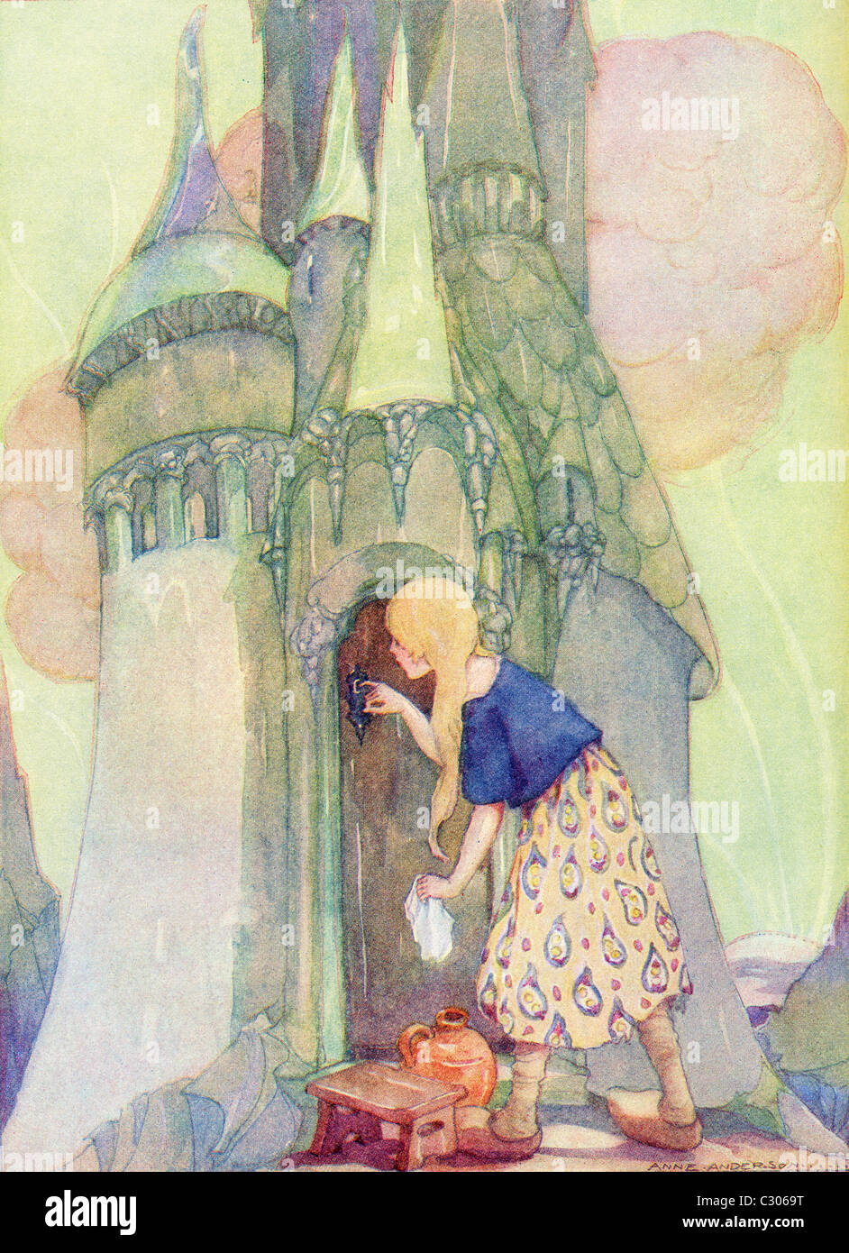 Les Sept Corbeaux. Illustration de l'Golden Wonder Livre pour enfants publié en 1934. Banque D'Images