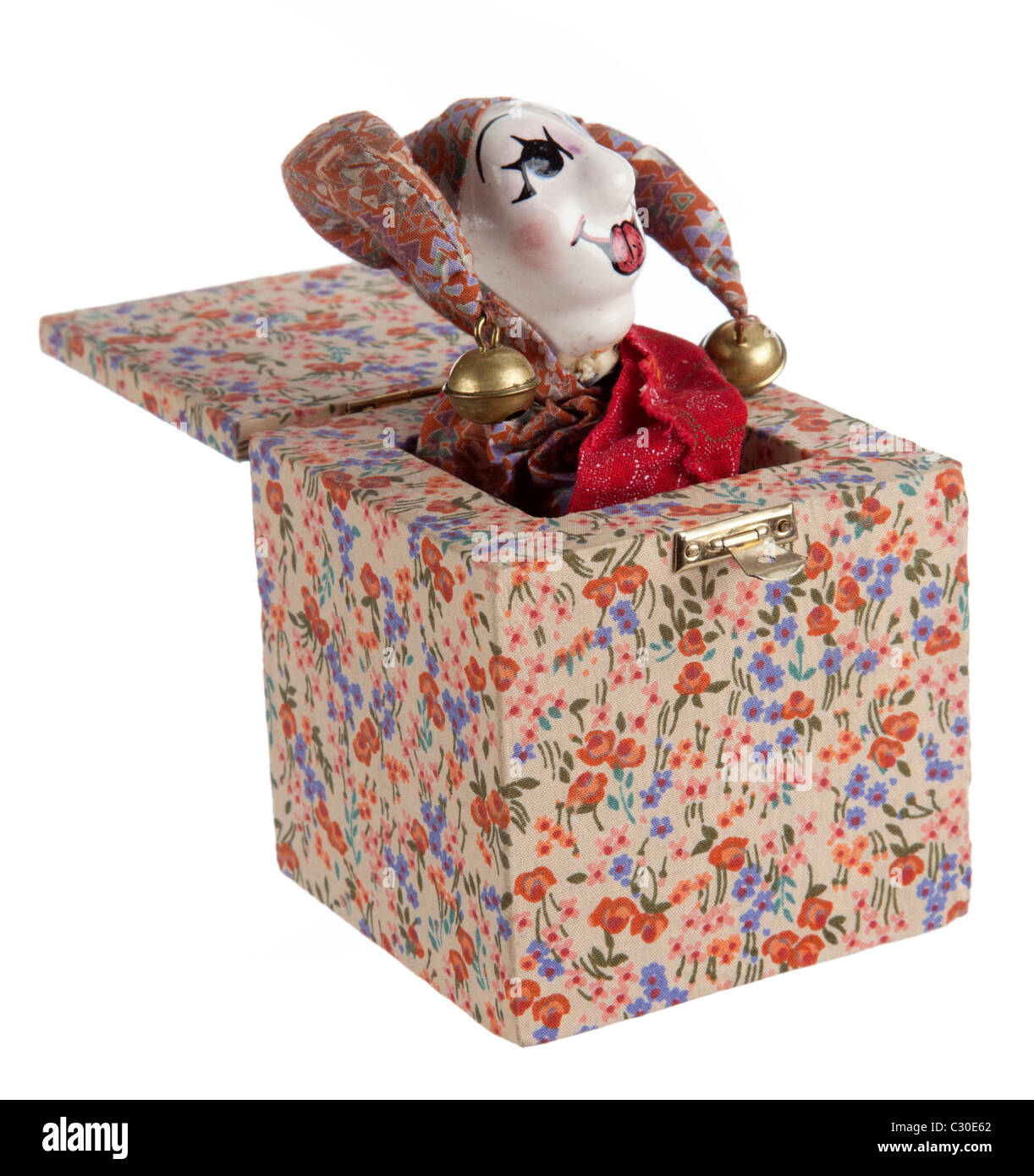 Jack-in-the-box toy isolé sur fond blanc Banque D'Images