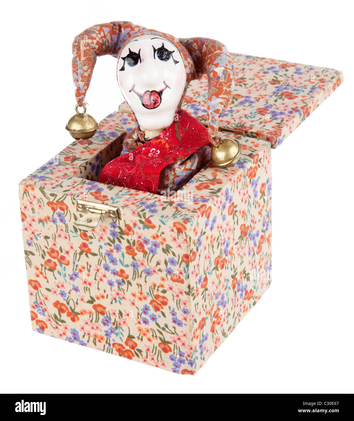 Jack-in-the-box toy isolé sur fond blanc Banque D'Images