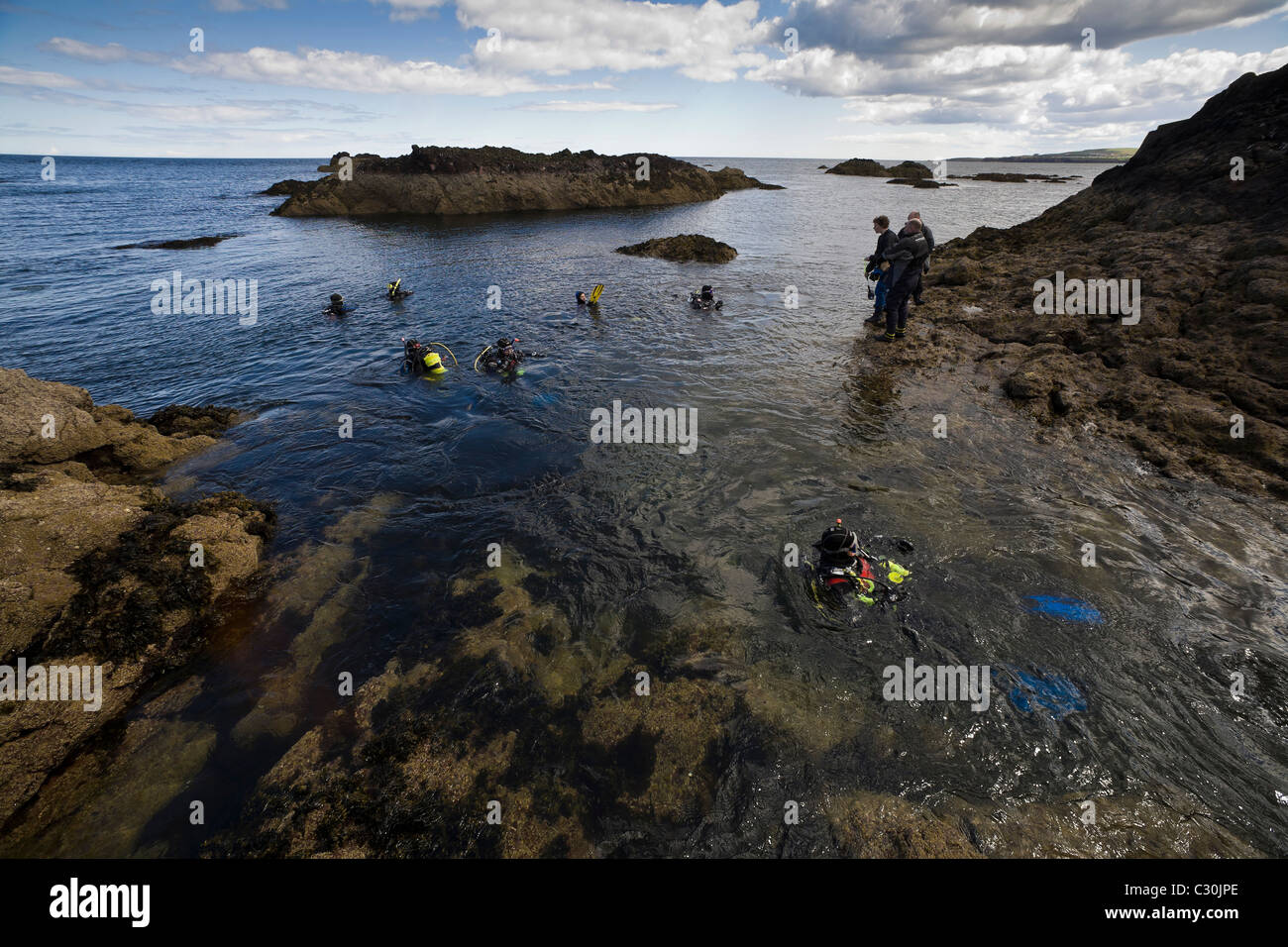 Les plongeurs entrent dans l'eau pour une plongée du rivage à St Abbs. Banque D'Images