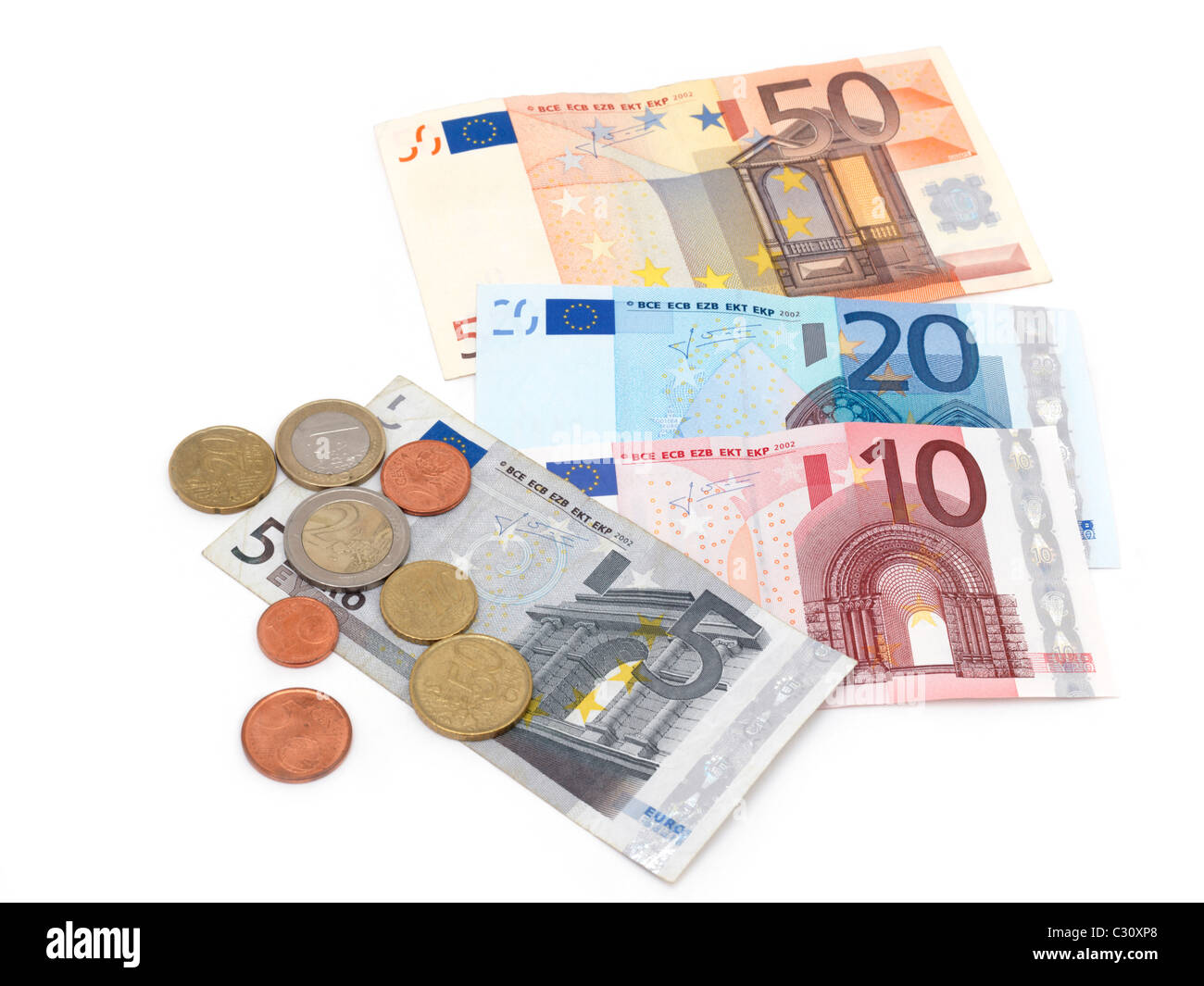 Les billets et pièces en euros 5,10,20,50 Banque D'Images