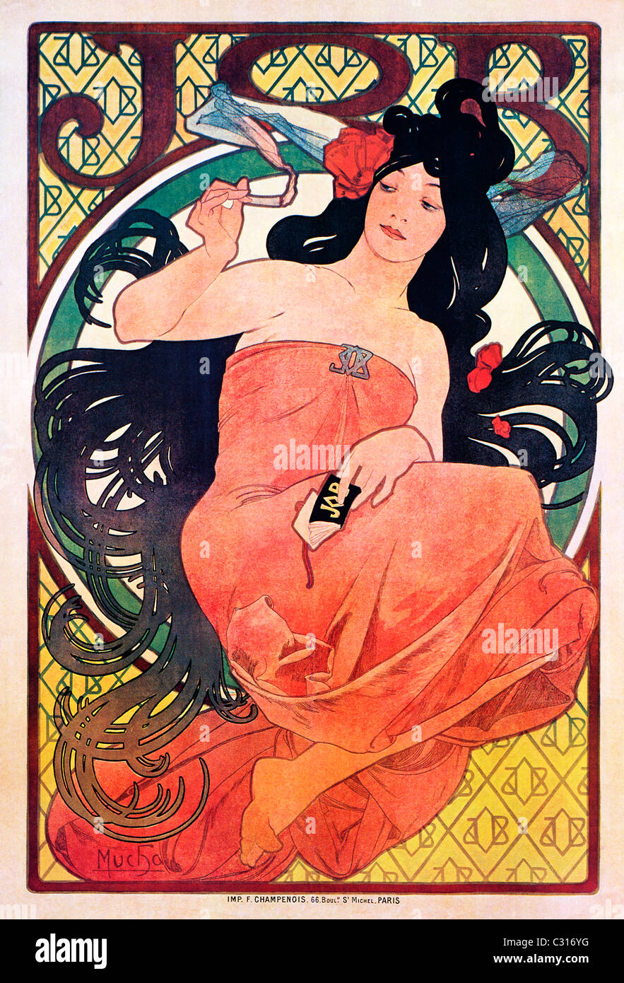 Mucha, emploi, 1898 affiche Art Nouveau par Alphonse Mucha pour le papier à cigarette cigarette Français Banque D'Images