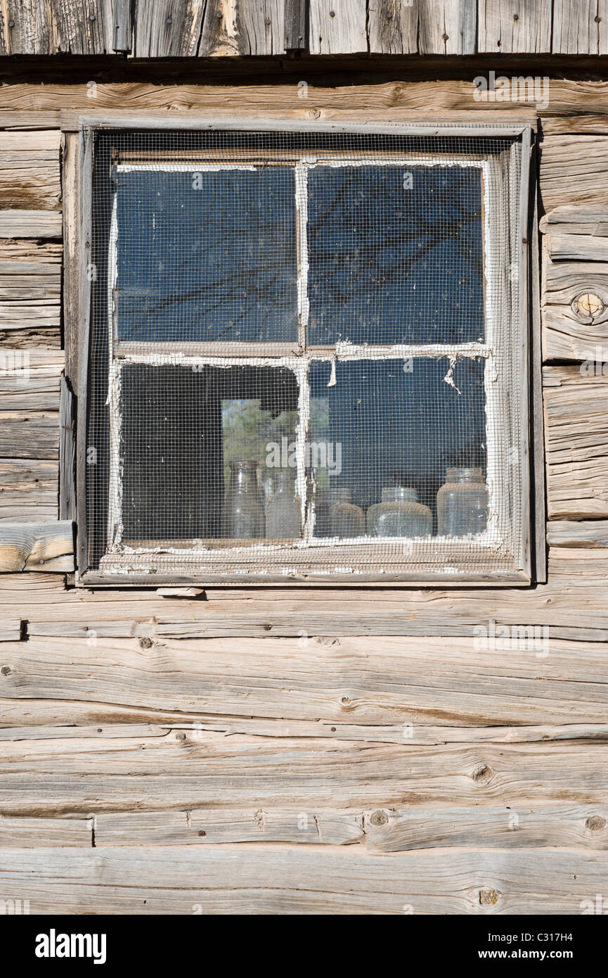 Pionnier américain, cabane en bois taillées à la main, avec de vieilles bouteilles sur le rebord de la fenêtre à Ancho, Nouveau Mexique. Banque D'Images