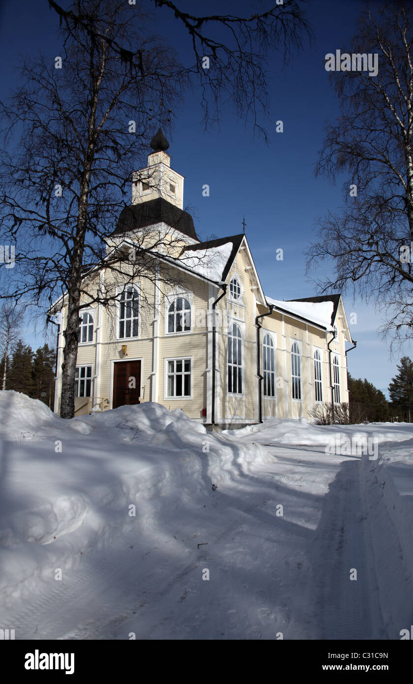 Langtrask Église près de Arvidsjaur dans la neige Banque D'Images