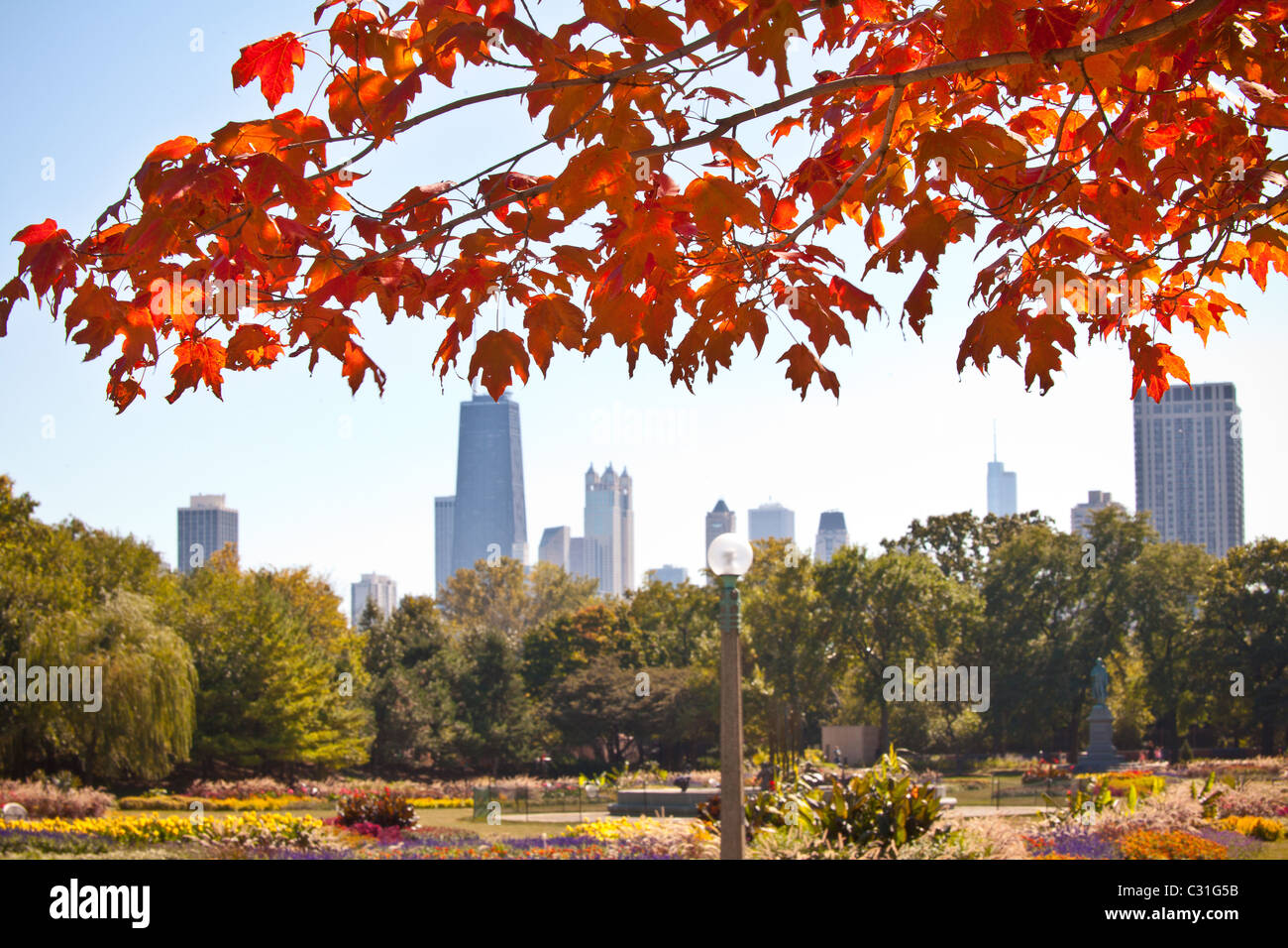 Les feuilles d'automne dans la région de Lincoln Park avec l'horizon de Chicago. Banque D'Images