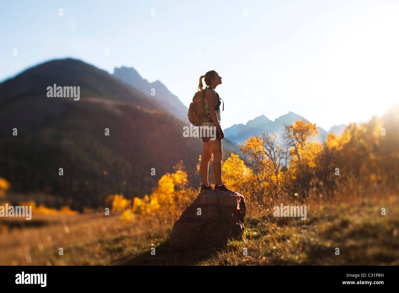 Une jeune femme s'arrête de randonnée et jouit de la beauté des couleurs de l'automne doré. Banque D'Images
