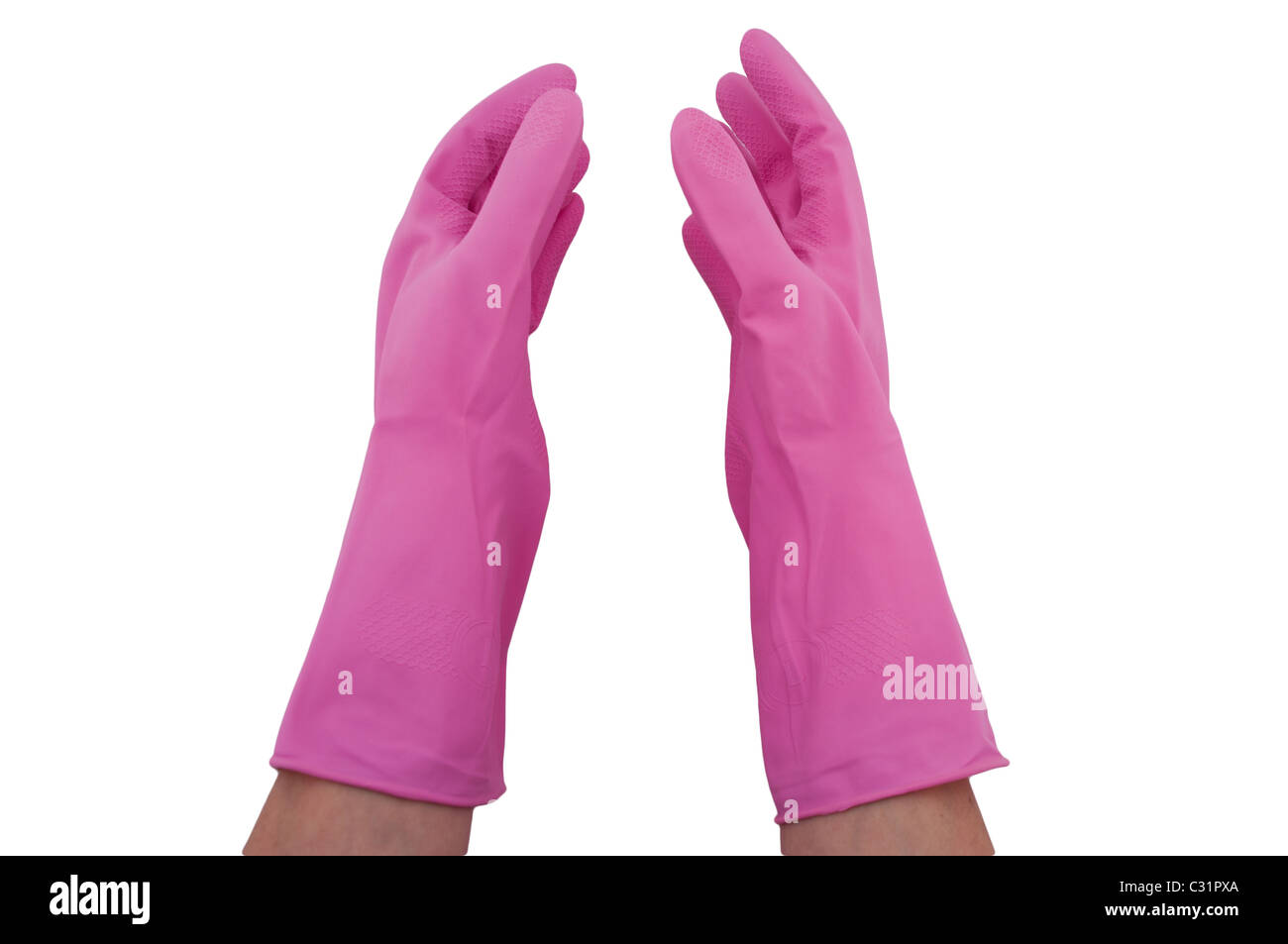 Paire de gants en caoutchouc rose isolated on white Banque D'Images