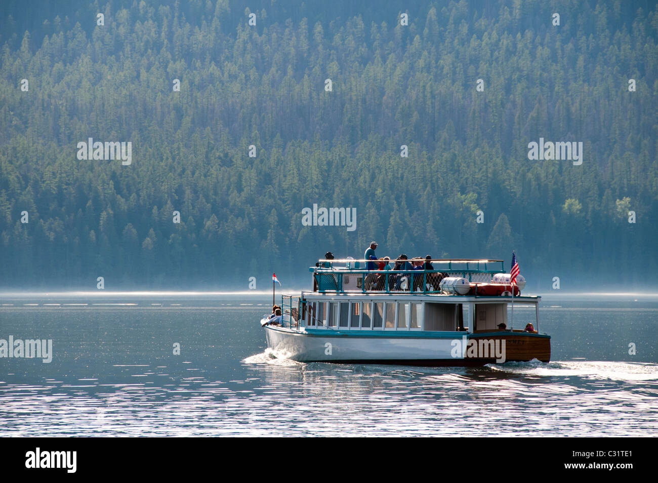 DeSmet bateau sur le lac McDonald, Lake McDonald Lodge, Glacier National Park, Montana. Banque D'Images