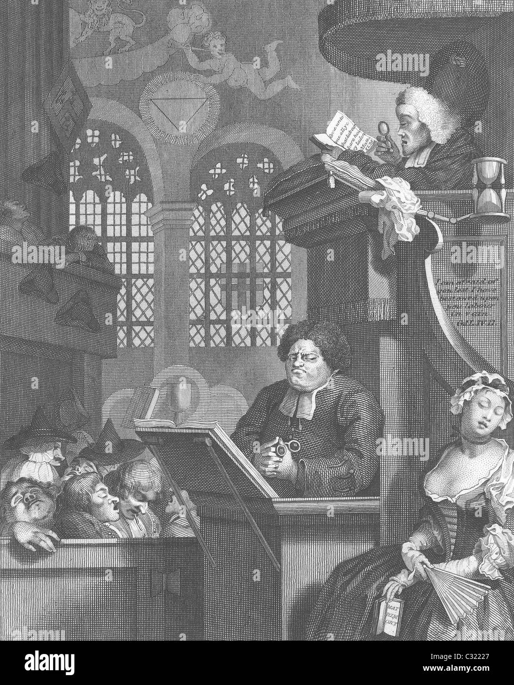 La Congrégation de couchage. Après gravure, Hogarth. Banque D'Images