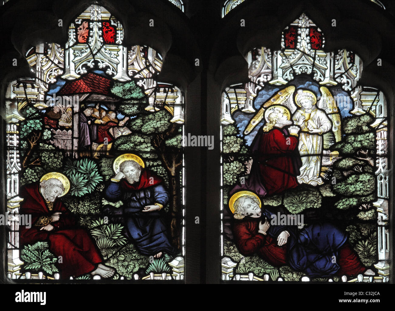 Un vitrail par C E Kempe & Co. représentant l'agonie dans le jardin, St Editha's Church, église Eaton, Staffordshire Banque D'Images