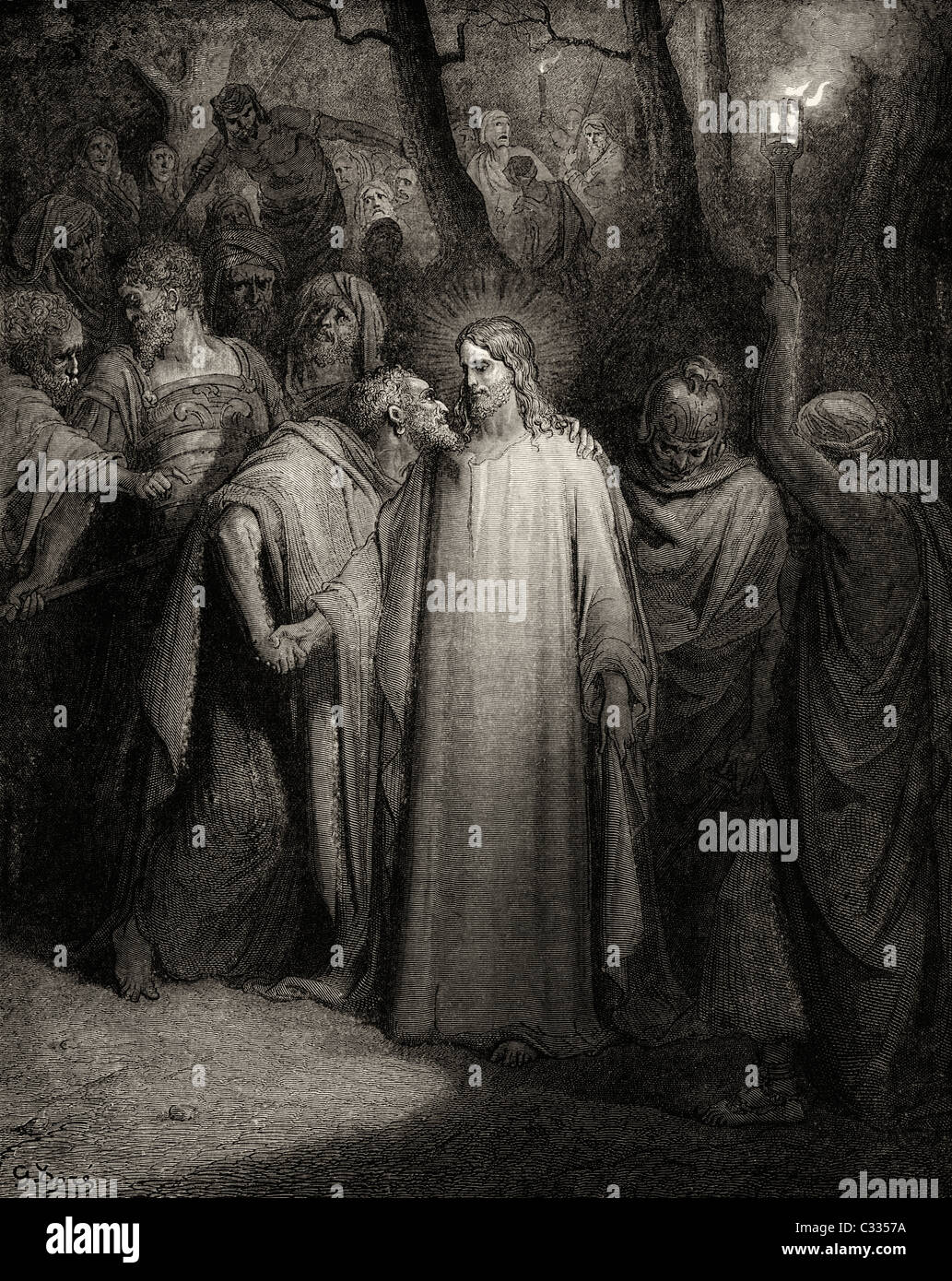 Le Baiser. Judas Iscariot Embrasse Jésus Christ au Jardin de Gethsémani. Après Gustave Dore. Banque D'Images