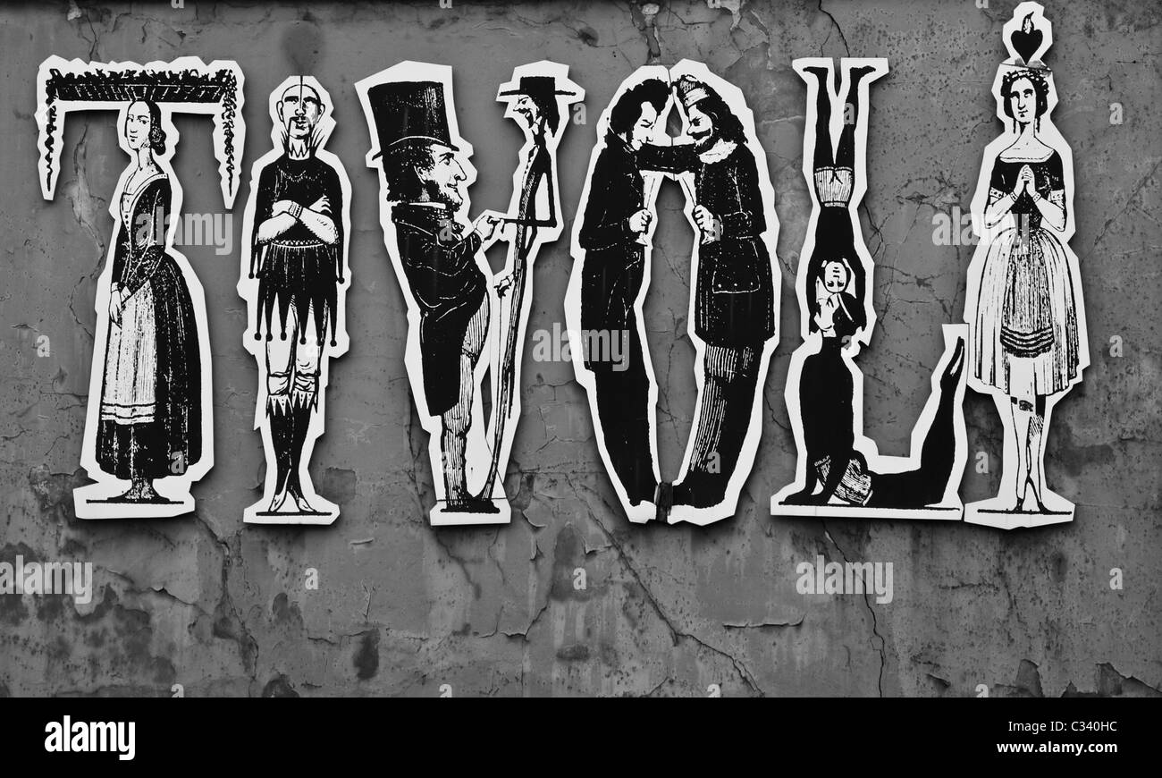 Les Jardins de Tivoli signe représentant carnival fête foraine Copenhague Danemark Europe Scandinavie caractères Banque D'Images