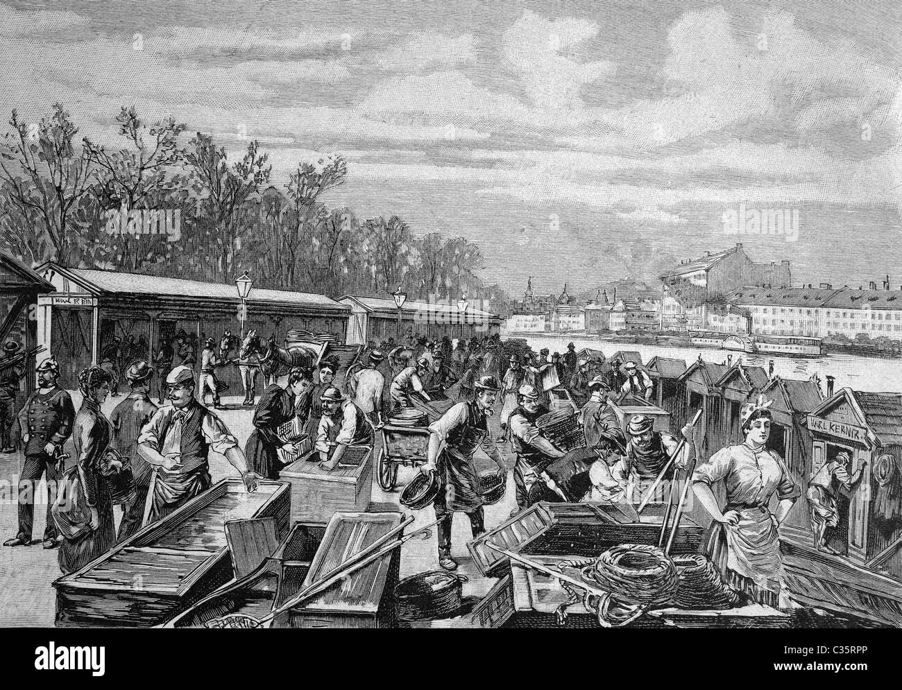 Marché aux poissons, sur le Danube, canal du Danube, à Vienne, Autriche, 1893, photo Historique sur Banque D'Images