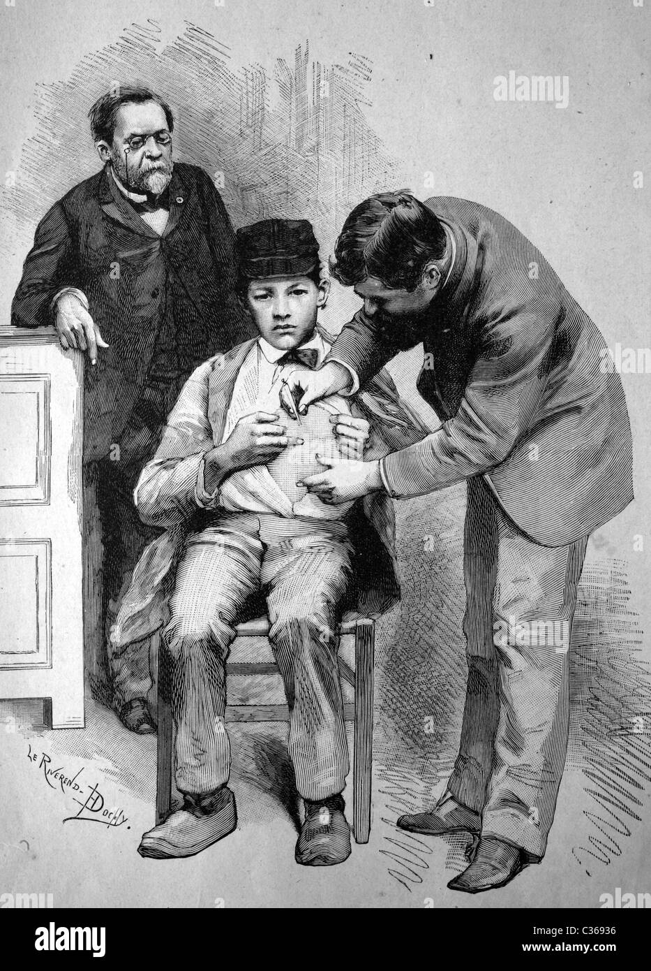 La vaccination contre la rage par le professeur Pasteur à Paris, France illustration historique, vers 1886 Banque D'Images