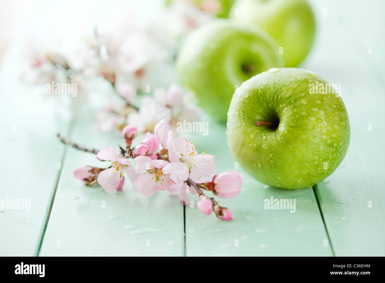 La pomme verte fraîche avec des gouttes d'eau peu profonde, 6 Banque D'Images