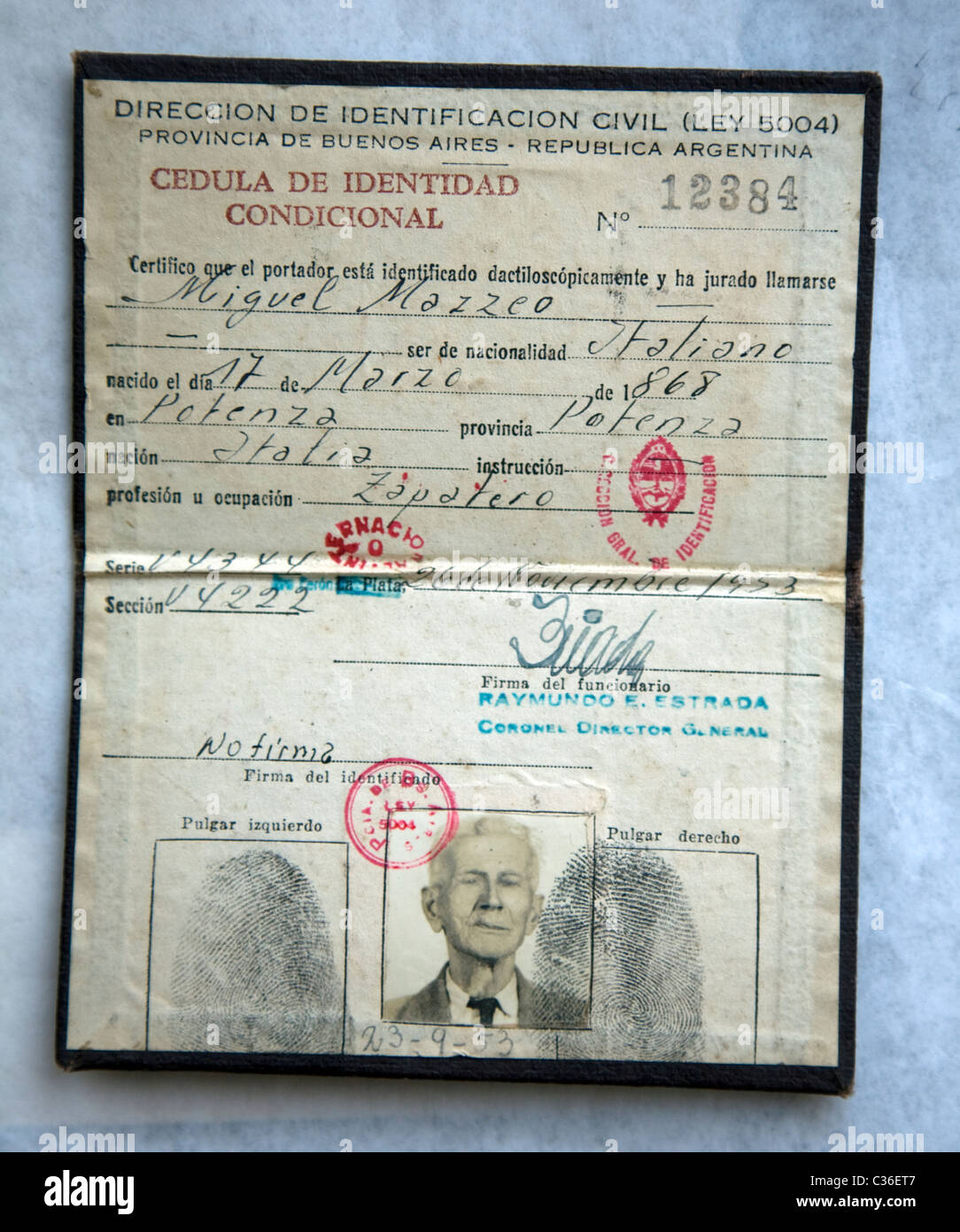 Ancienne carte d'identité argentine photo de doigt Banque D'Images